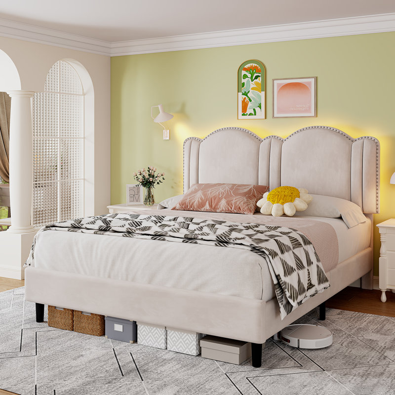 Cadre de lit avec tête de lit, cadre de lit avec lumières DEL, Beige, Double