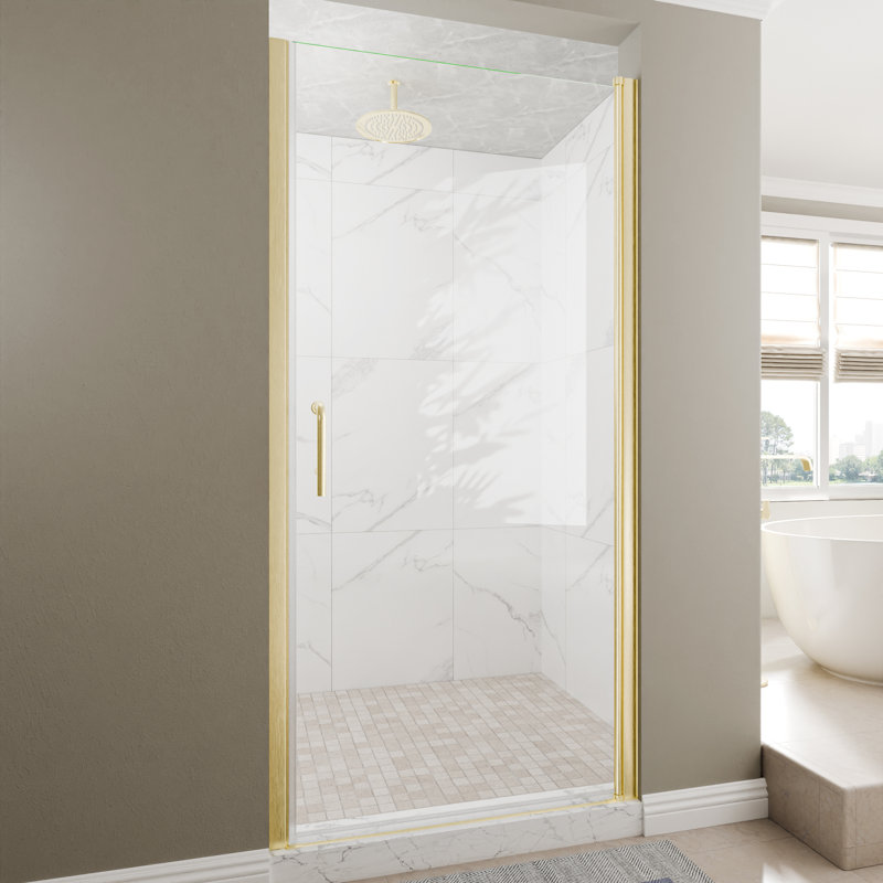 Porte de douche en verre pivotante sans cadre de 36-38 po x H 72 po avec verre certifié, Or brossé,  36"W x 72"H