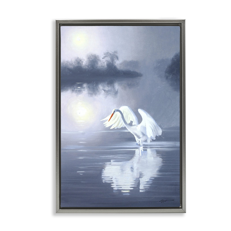 «Egret on Stormy Waters» par D. Rust, Cadre flottant gris lustré, H 25 po x l 17 po