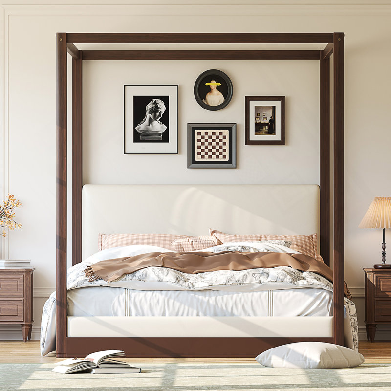 Lit plateforme à baldaquin en bois grand avec tête de lit tapissier, Queen, Espresso