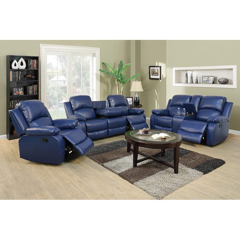Blue Vegan Leather 3-Piece Manual Reclining Sofa Set