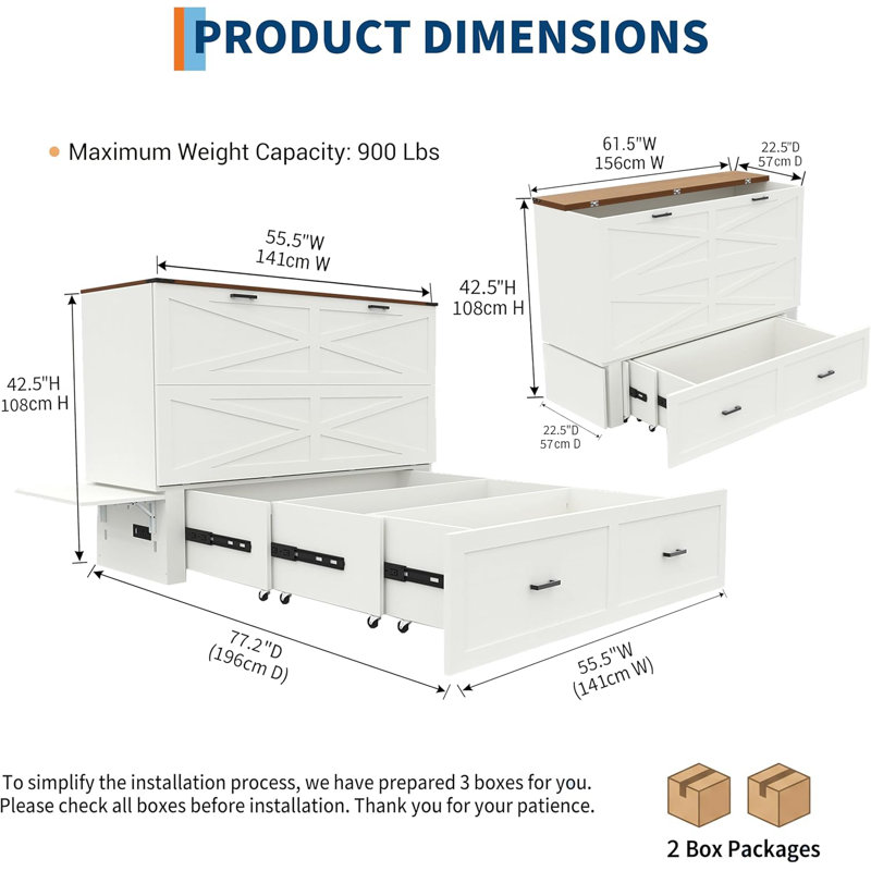 Lit escamotable avec rangement et station de charge, lit armoire avec panneau pliable et grand tiroir, lit plateforme dissimulé blanc (avec matelas noir)