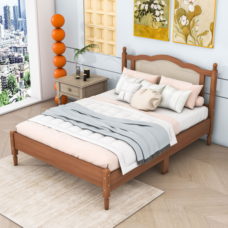 Lit plateforme en bois avec tête de lit élégante en rotin, Noyer, Double