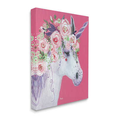 «Pink Florals Purple Unicorn Mythical Animal Portrait» par Janet Tava - peinture sur toile