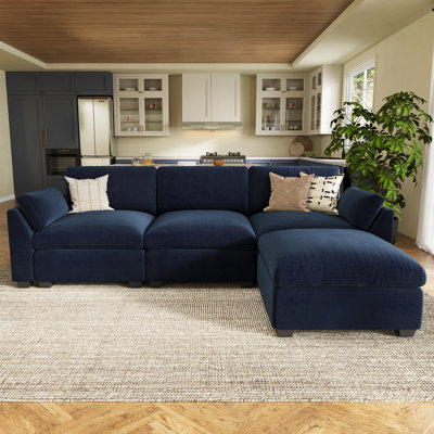 Velvet & Plush Wide Corduroy Modular Sectional Sofa L-Shaped Solid Wood Sofa with Ottoman