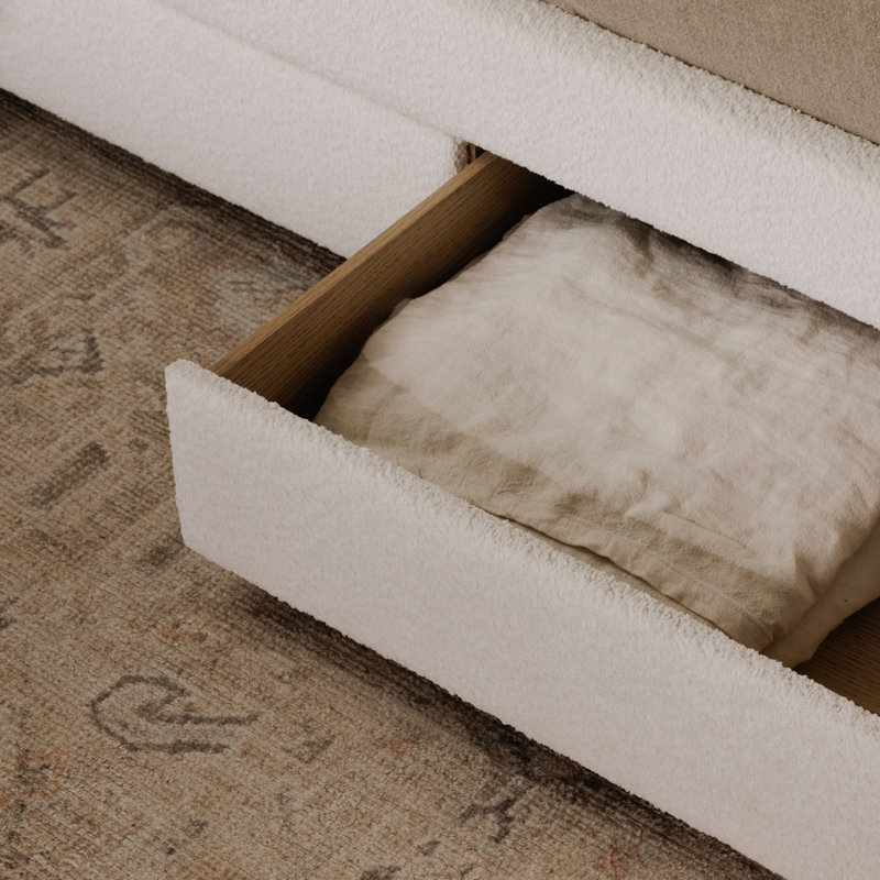 SOPHIA Upholstered Wingback Storage Bed, Queen, Cream Boucle