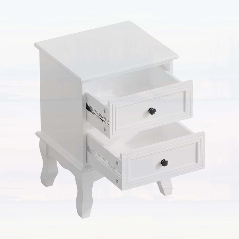 Table de chevet blanche moderne avec 2 tiroirs, table de chevet style campagne française avec pieds élégants sculptés, petite table de bout pour la chambre à coucher et le salon