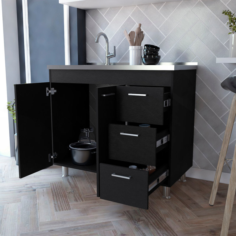Darien Melamine Base Cabinet, Three Drawers And Stainless Steel Top.