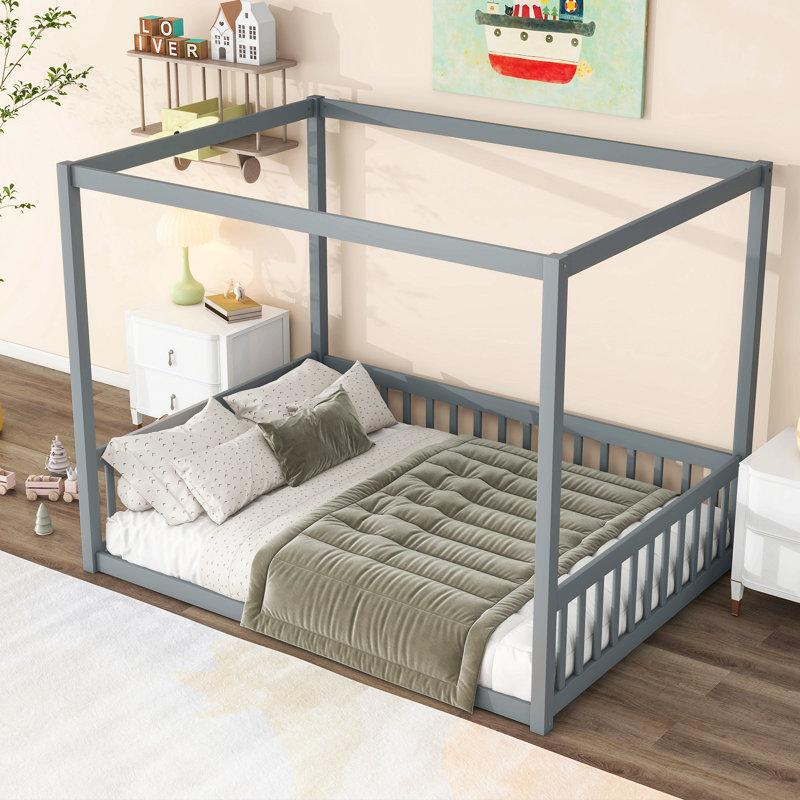 Lit double en bois d'hévéa avec clôture et garde-corps, Gris