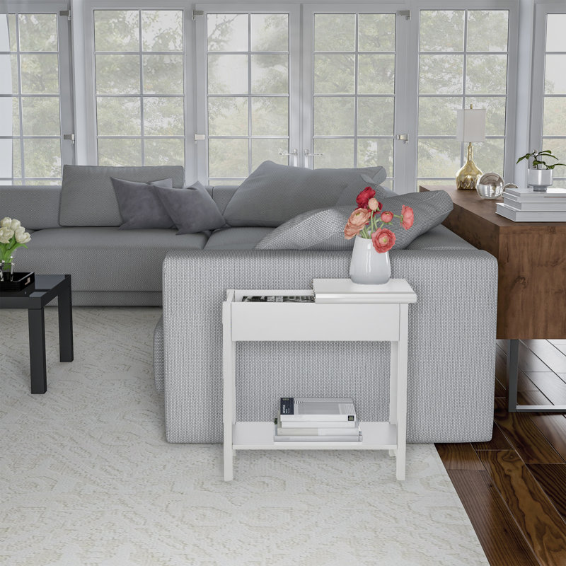 Danay Flip-Top End Table - Slim Side Console with Hidden Hinged Storage Compartment and Lower Shelf - For Living Room or Hallway Use