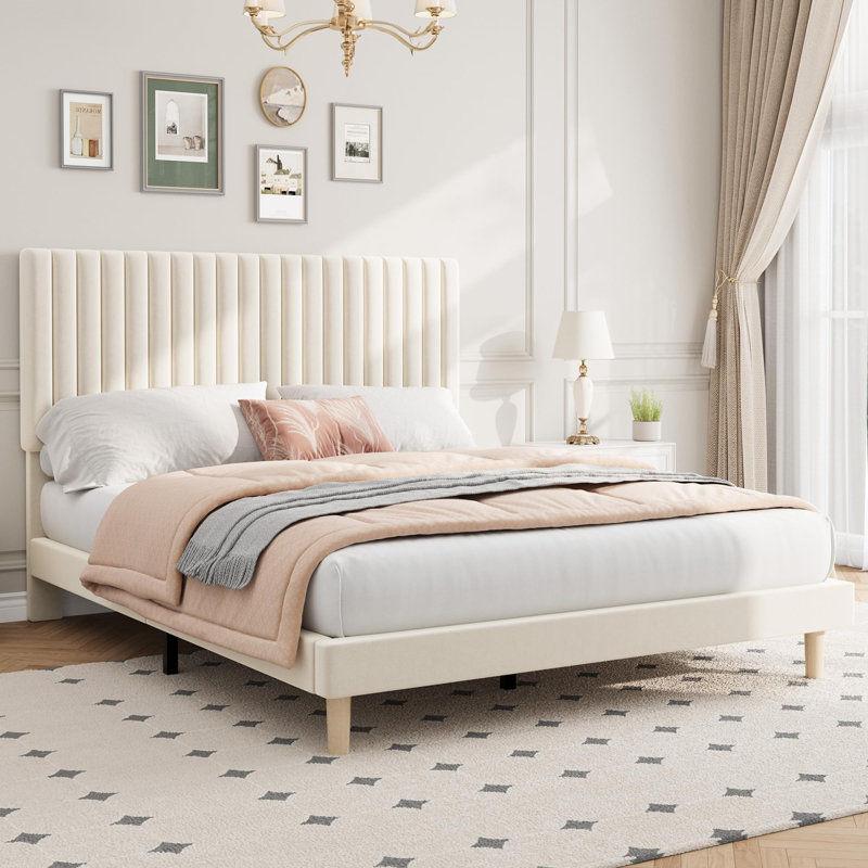 Queen Size Velvet Upholstered Platform Bed Frame with Adjustable Height Headboard, No Box Spring Needed, Easy Assembly - Beige