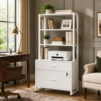White Lockable Filing Cabinet with Two Drawers and Open Bookshelf, Metal+MDF