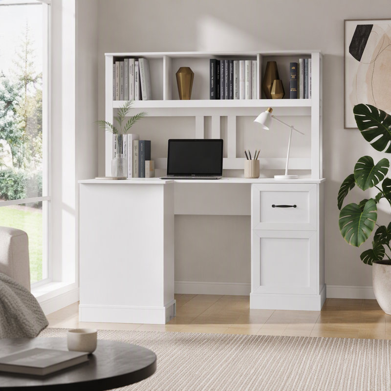 Bureau d'ordinateur à domicile avec huche, finition blanc antique
