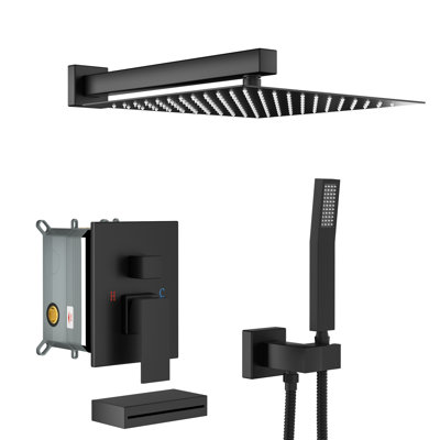 Système de douche noir mat contenant un bec de baignoire en cascade et une pluie carrée murale de 12 pouces pour un bonheur avec des bains intégrés