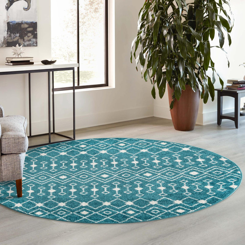Tapis bleu / blanc en chenille / polyester tissé à la machine Briehn, Rond 3 pi 3 po