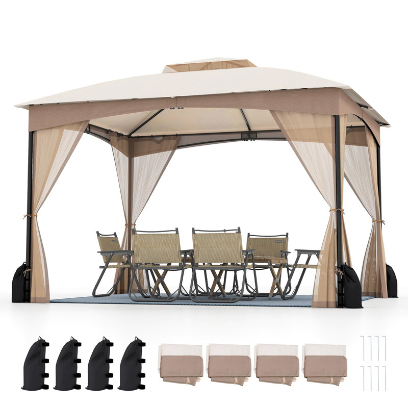 Double Roof Garden Gazebo With Netting Sidewalls, Brown
