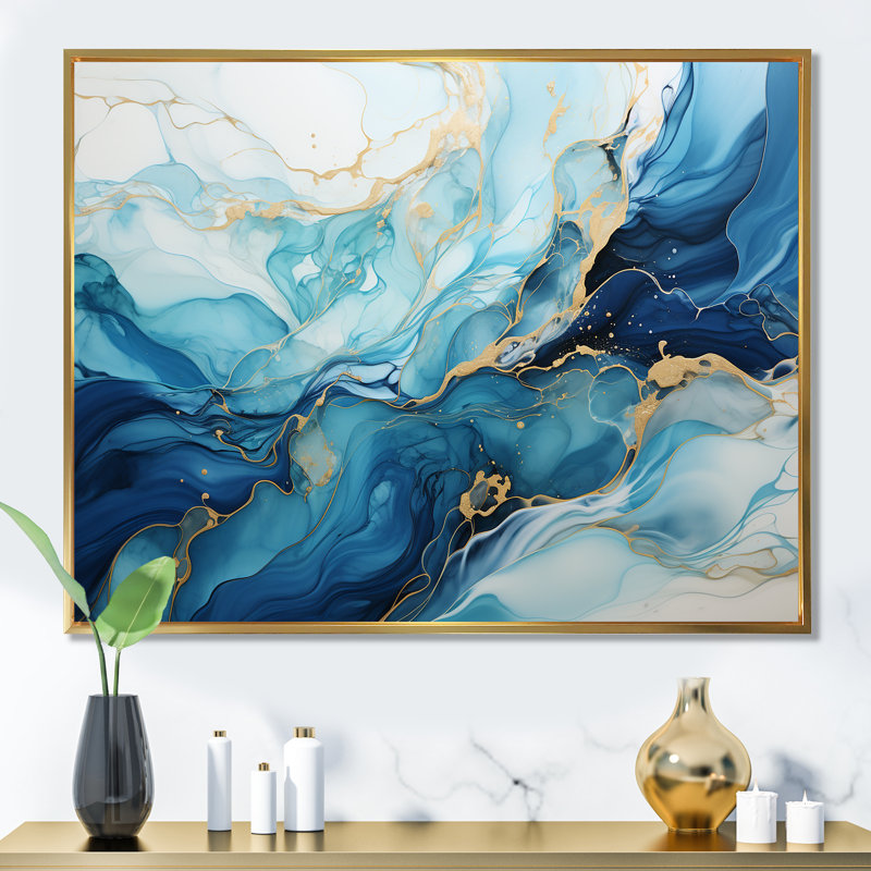 Impressions sur toile, formes liquides et bleues, H 34 po x l 44 po x P 1,5 po, Cadre flottant doré