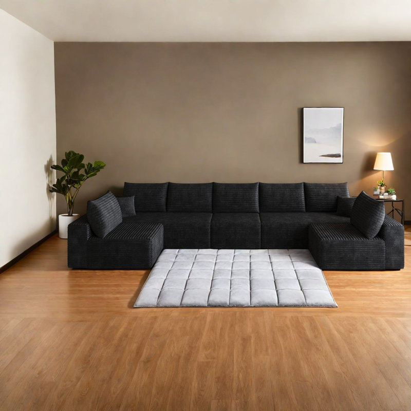 Canapé d'angle moderne en forme de U de 166 pouces, canapé modulaire en velours côtelé moelleux pour la maison, Noir