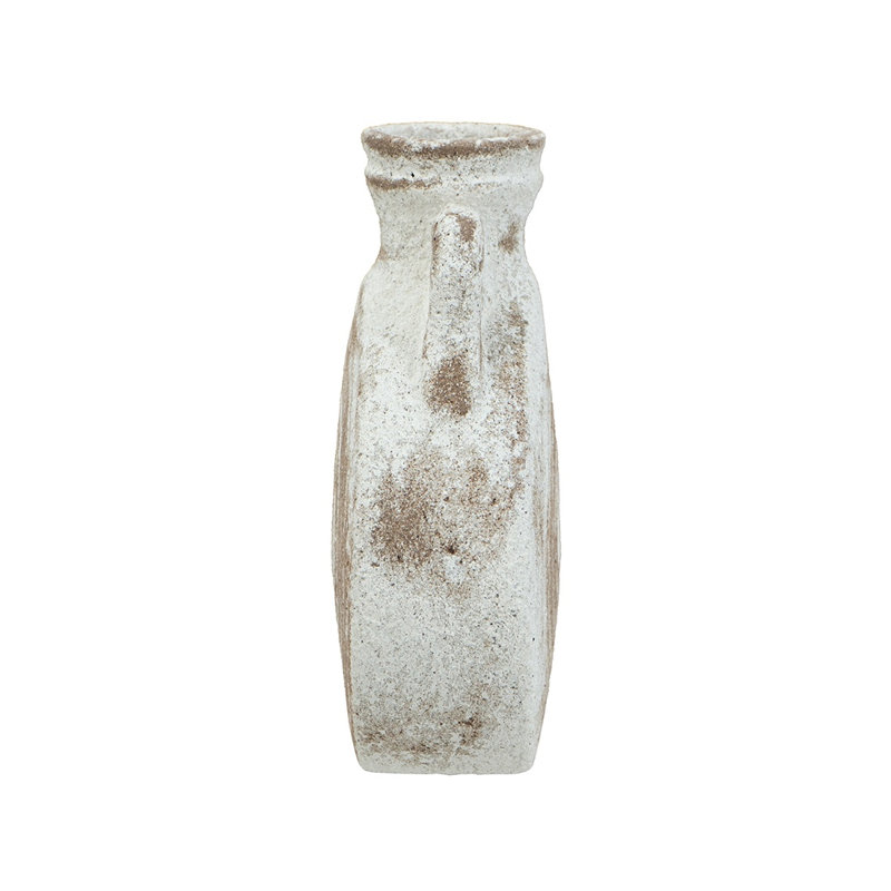 Vase rond rond en céramique au fini blanc usé et brun, H 7,7 po x l 6,1 po