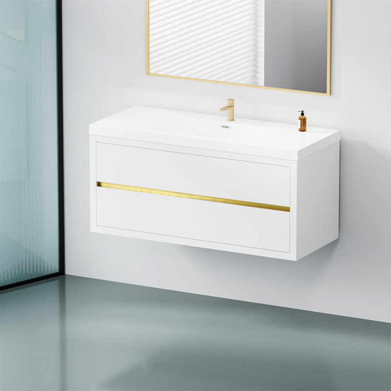 Meuble-lavabo mural 48 po avec résine, lavabo et tiroir, Blanc lustré