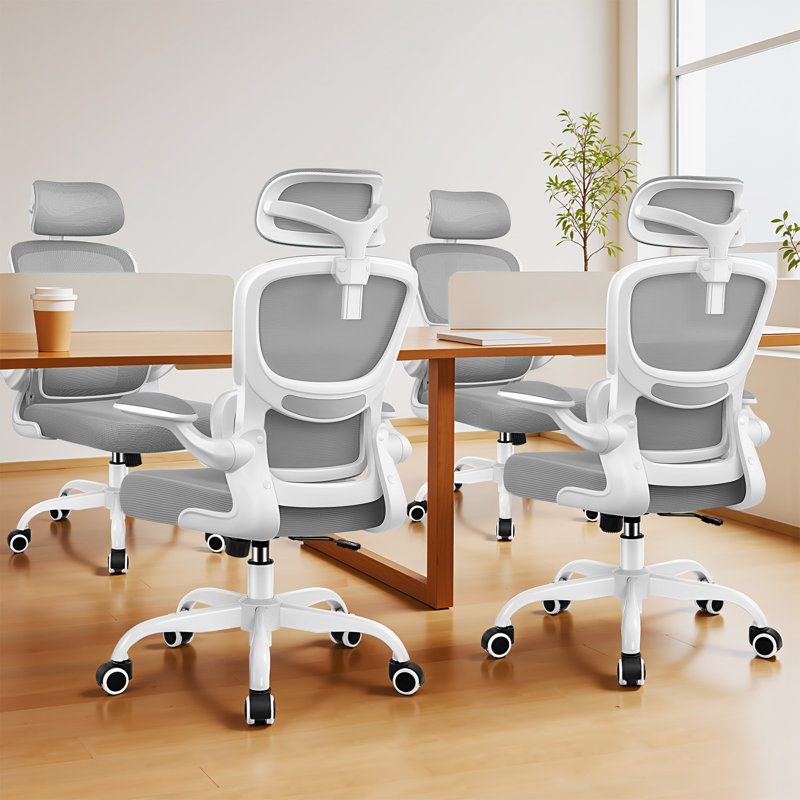 Lidwien Ergonomic Breathable Mesh Office Chair with Adjustable Headrest and Flip-Up Arms, White/LightGray