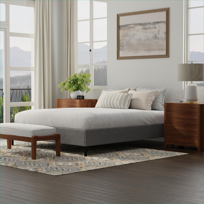 Black  upholstered platform bed base, queen size bedroom mattress support for all standard mattress types, Queen
