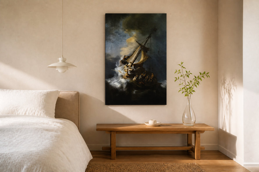 Rembrandt's Christ in the Storm on the Sea of Galilee canvas print hanging above a wooden bench in a neutral-toned bedroom.