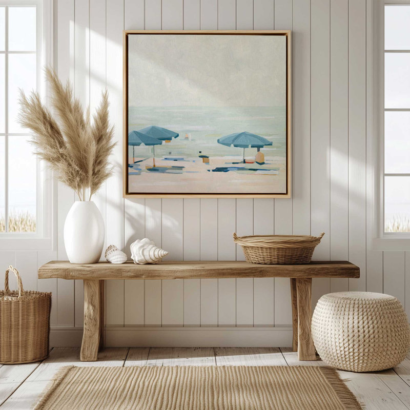 Impression sur toile Seaside Umbrella Harmony II, H 12,75 po x l 12,75 po x P 1,75 po, Cadre américain en érable flottant, 1