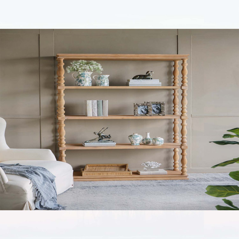 Étagère haute à 5 niveaux en bois naturel avec montants en fuseaux sculptés, idéale pour une décoration rustique et de style campagne française