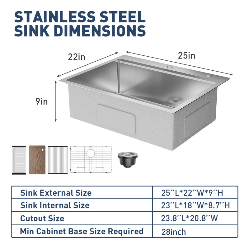 Belfry Kitchen W Single Bowl Stainless Steel Console Kitchen Sink with 1 Faucet Hole, 280mm H x 895mm L x 615mm W, Brown