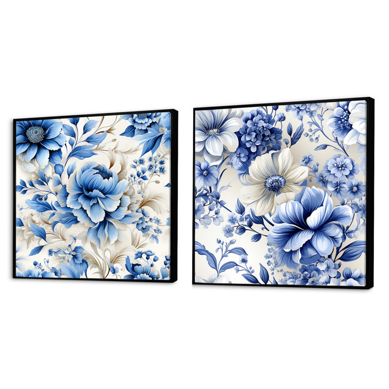 Fidelia - Ensemble de 2 collages floraux carrés, Cadre flottant noir, H 16 po x l 33 po