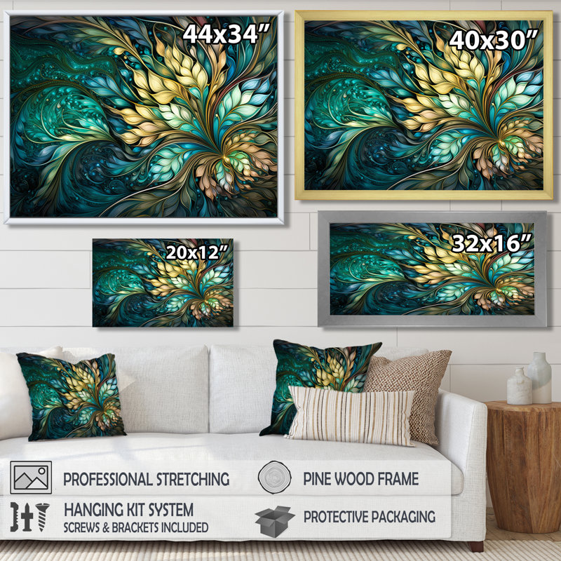 Turquoise, art nouveau, feuilles spirales - Botanicals, impression d'art mural, Toile avec cadre flottant or