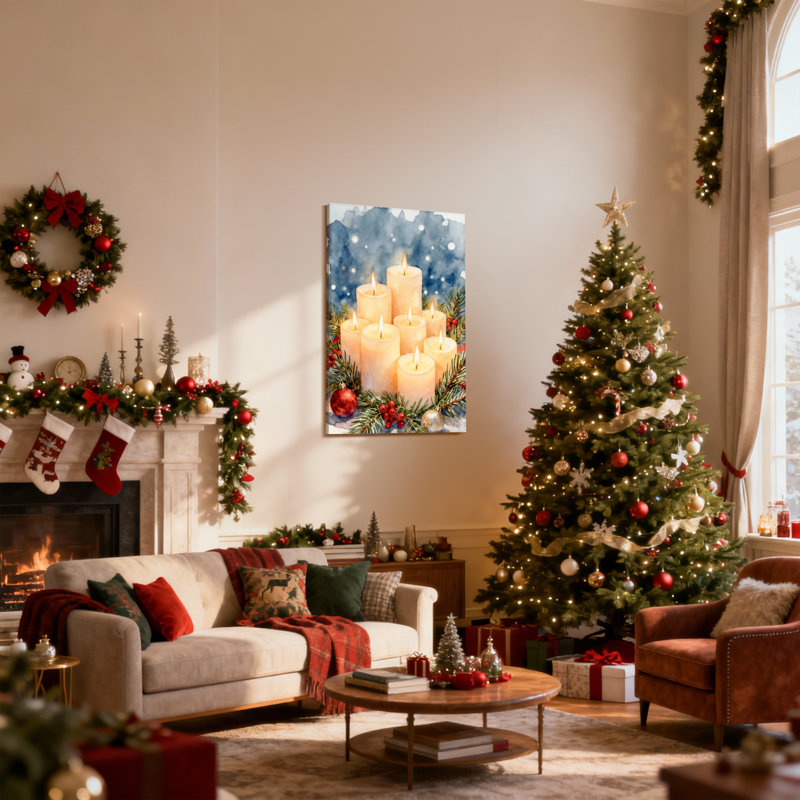 Bougies de Noël, neige, hiver, décorations de Noël, ensemble de 3 impressions sur toile, H 30 po x l 20 po