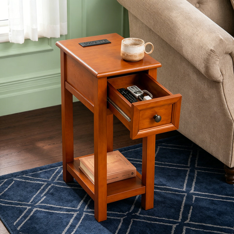 Table d'appoint compacte en bois massif avec station de charge et tiroir intégrés, parfaite pour les petits espaces et les chambres à coucher modernes.
