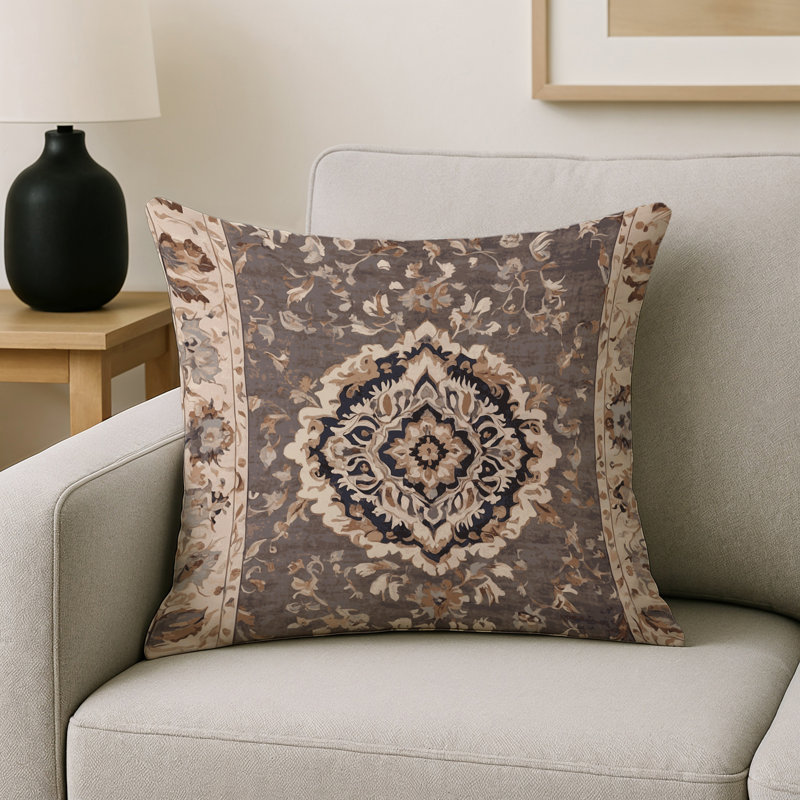 Coussin décoratif intérieur et extérieur Modern, Brun / bleu marine / beige damassé, Carré 16 po