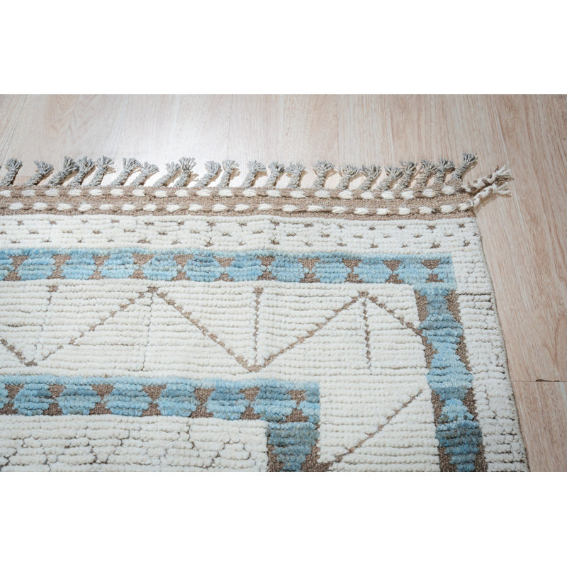 Ivory Hand-Knotted Wool Framed Diamond Field Geometric Modern Contemporary Carpet Rug, 6' X 9'