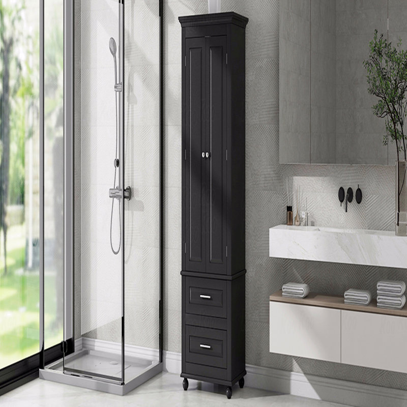 Tall Storage Cabinet With Two Drawers, Black