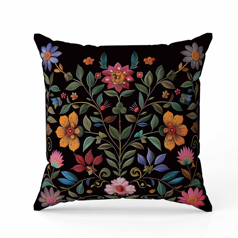 Oreiller symétrique en simili suède Flora, Carré 26 po, Noir / Vert / Orange