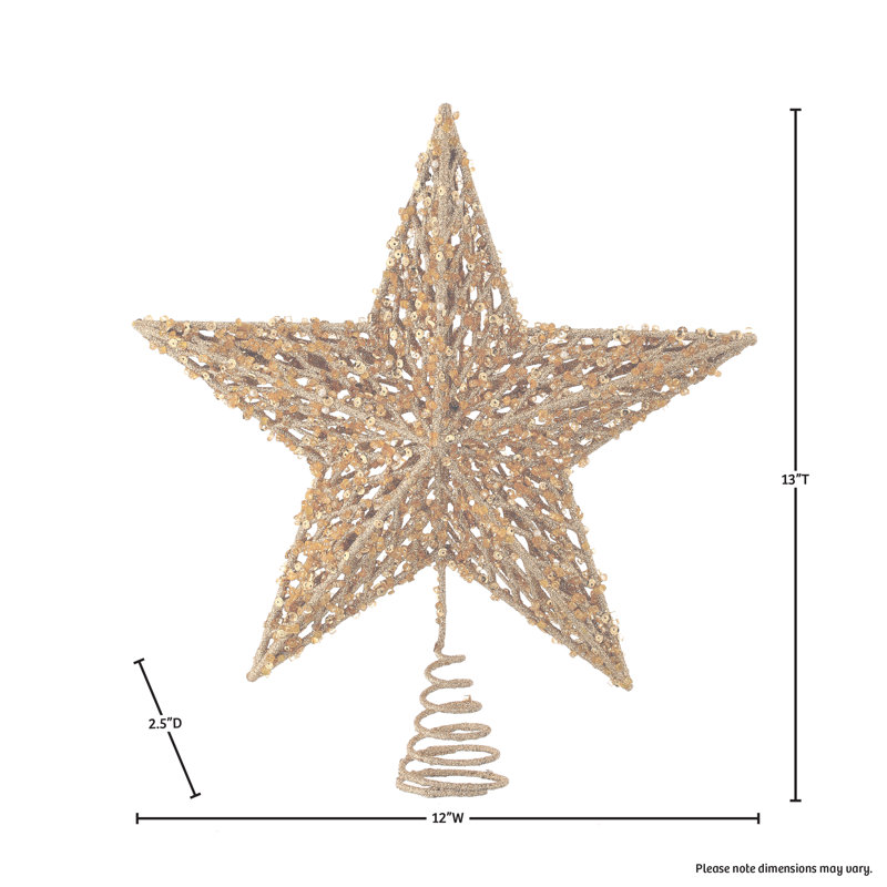 13" Sequin/Bead/Glitr Star Tree Topper Acbox, Champagne Gold