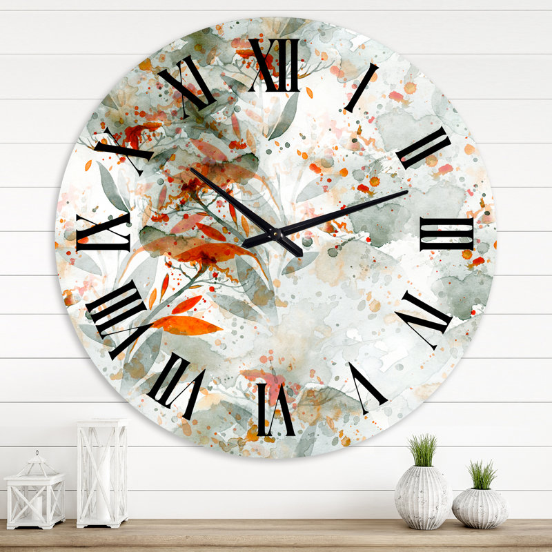 Horloge murale verte et orange Wildflowers II, Grand