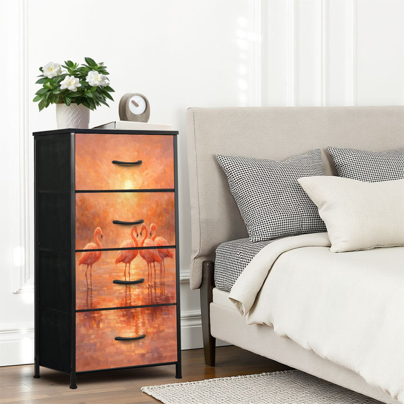 Commode 4 tiroirs pour chambre à coucher, commode étroite, plateau en bois et structure de bureau en fer 18 po x 37,5 po (lxH) - avec un élégant imprimé abstrait de flamants roses au coucher du soleil