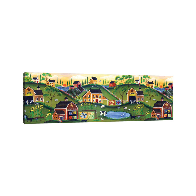 Red Quilters Barn Country Folk Art Farm by Cheryl Bartley - Panoramic Print on Canvas, 182.88 cm H x 60.96 cm W