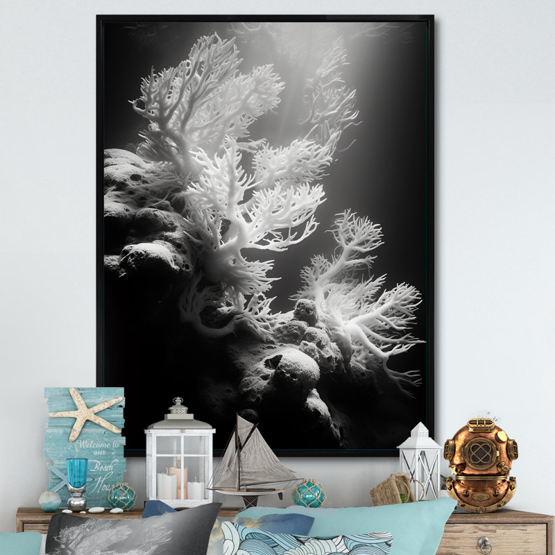 Anémone noire et blanche IV sur toile, H 32 po x l 24 po x P 1 po, Cadre flottant noir