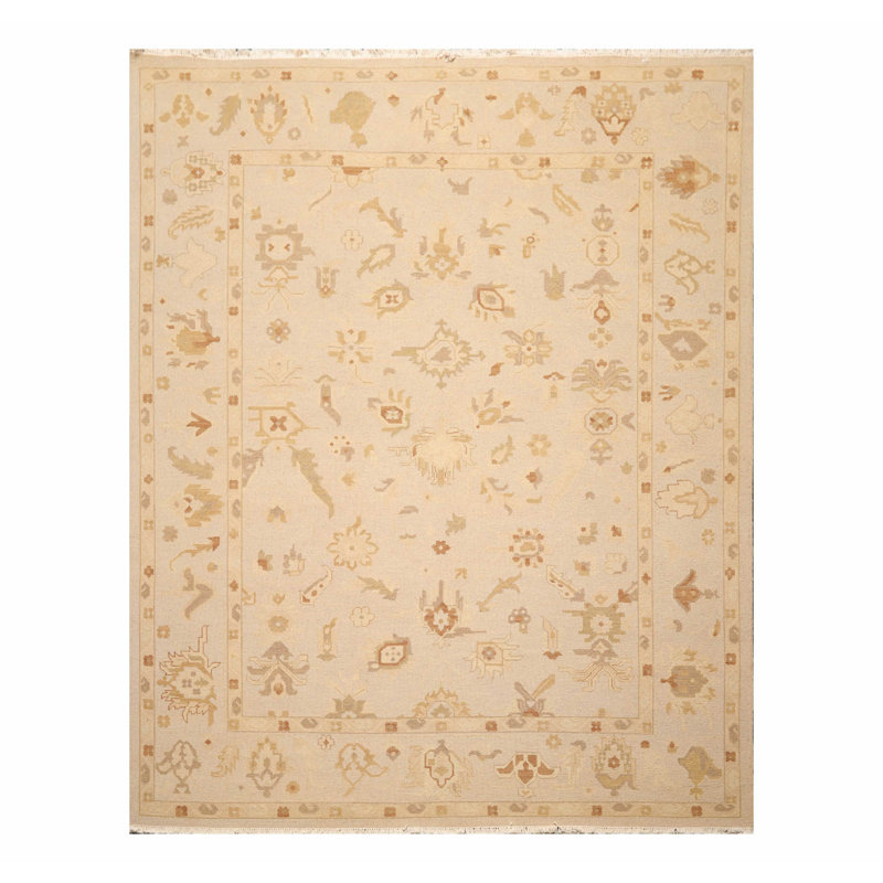 Tapis oriental en laine noué à la main de style oriental 7 pi 9 po x 9 pi 9 po Moss, couleur beige
