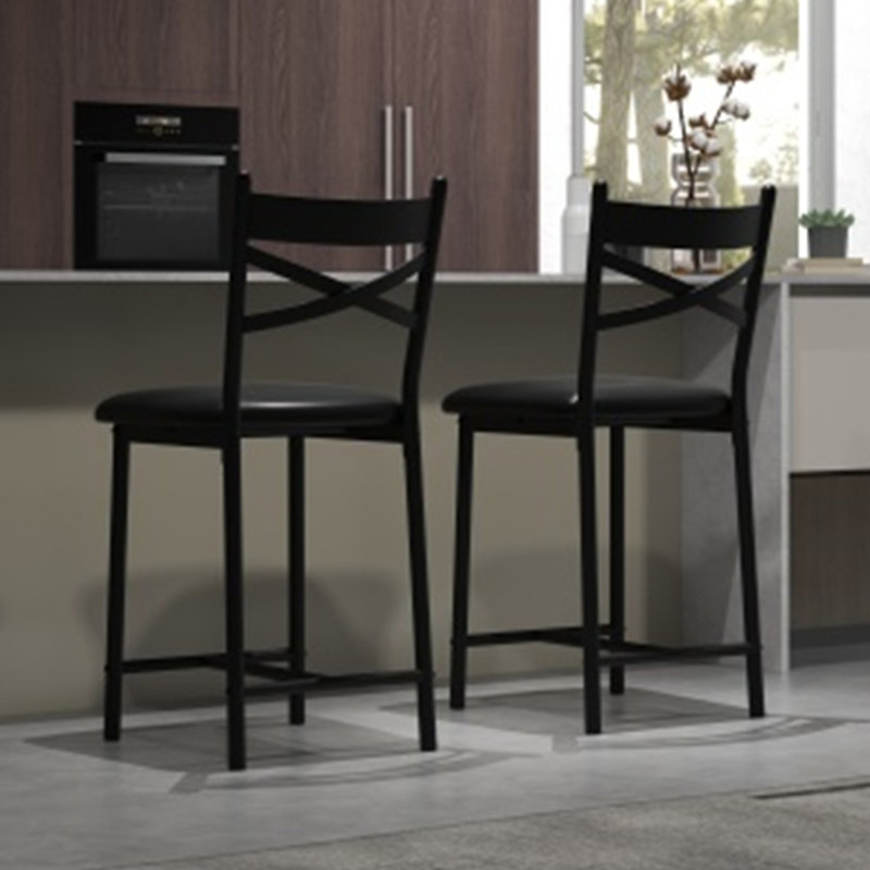 22" Bar Stools Set of 2, Counter Height Bar Stools with PU Upholstered Seat, Metal Frame Kitchen Bar Chairs with X-Design Back and Footrest for Kitchen Island, Counter Bar, Dining Room