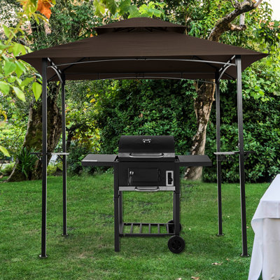 Pavillon de jardin extérieur brun, structure en acier robuste, toit souple à deux niveaux pour auvent de cuisson barbecue 8 x 5 pi, construction -