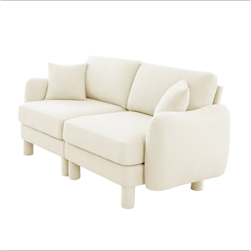Canapé 2 places avec accoudoirs en forme de coquillage et pieds cylindriques enveloppés de tissu d'ameublement Boucle, Beige