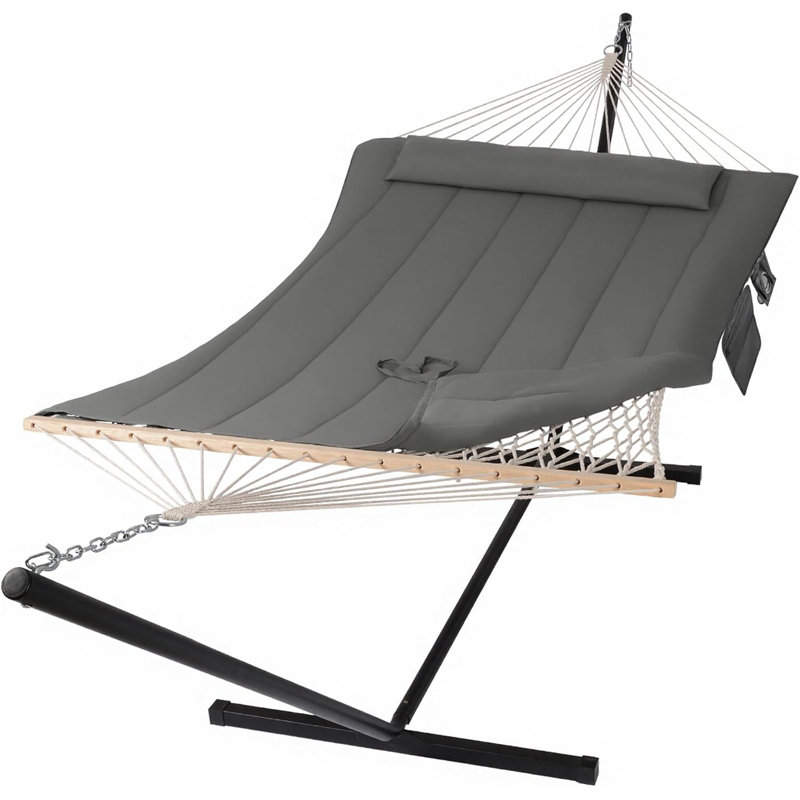 Double hamac extérieur avec support, hamac pour deux personnes en corde de coton avec rembourrage en polyester, gris foncé