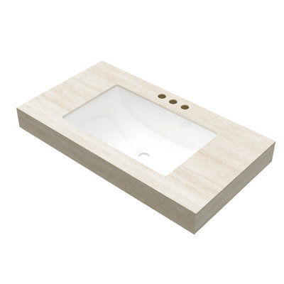 Comptoir en pierre frittée de 91,4 cm (36 po) avec motif et lavabo encastré en céramique avec trois trous pré-percés pour robinetterie, excellente résistance aux hautes températures, couleur principale beige, profondeur du produit de 91,7 cm (36,11 po).