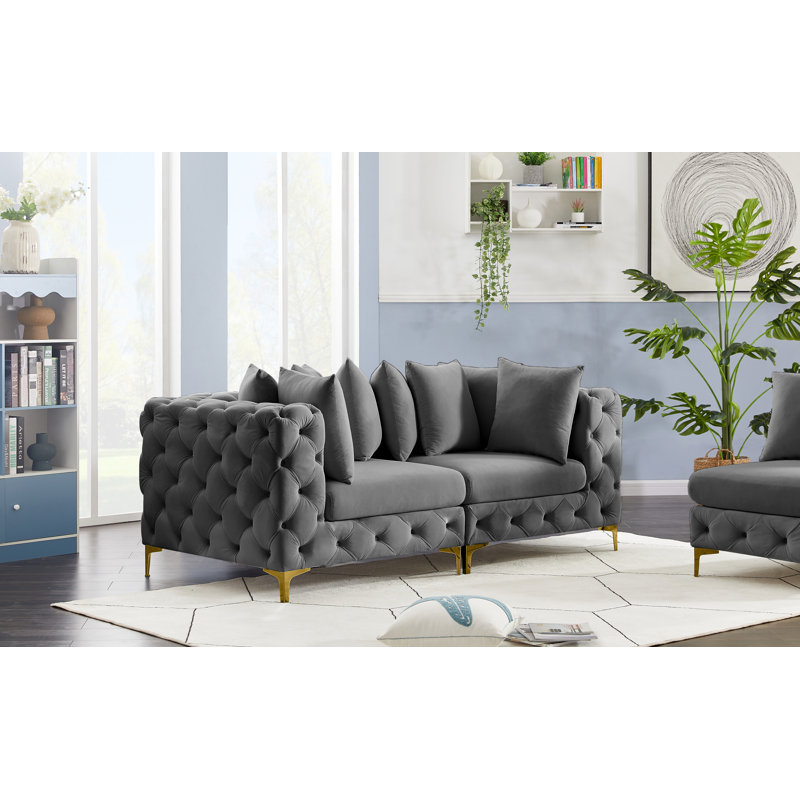 Causeuse modulaire en velours à accoudoirs carrés 78 po, Velours gris